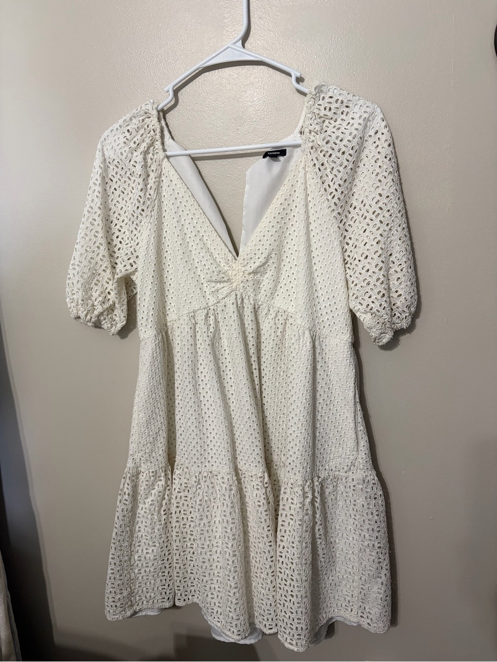 Express Cream Eyelet V-Neck Tiered Mini Dress